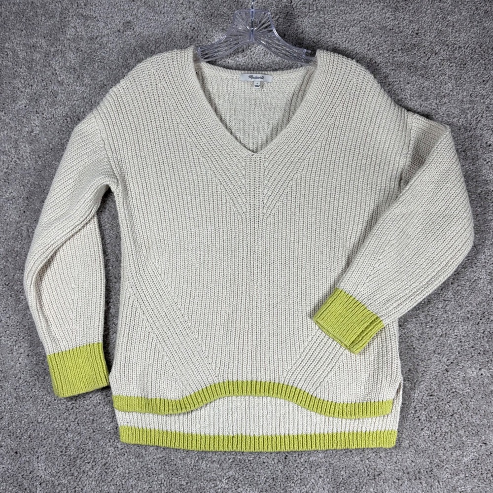 Madewell Cream Knit V Neck Sweater‎ With Green Trim Size S (READ)
